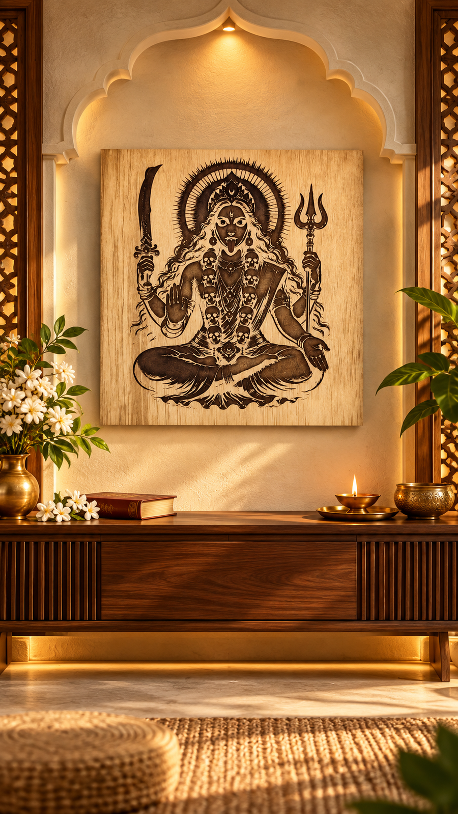 Maa Kali Wooden Wall Art – Premium Laminated MDF Goddess Kali with Sword & Trishul | Hindu Spiritual Wall Décor | 3 mm