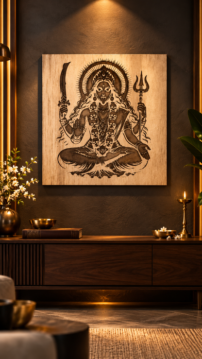 Maa Kali Wooden Wall Art – Premium Laminated MDF Goddess Kali with Sword & Trishul | Hindu Spiritual Wall Décor | 3 mm