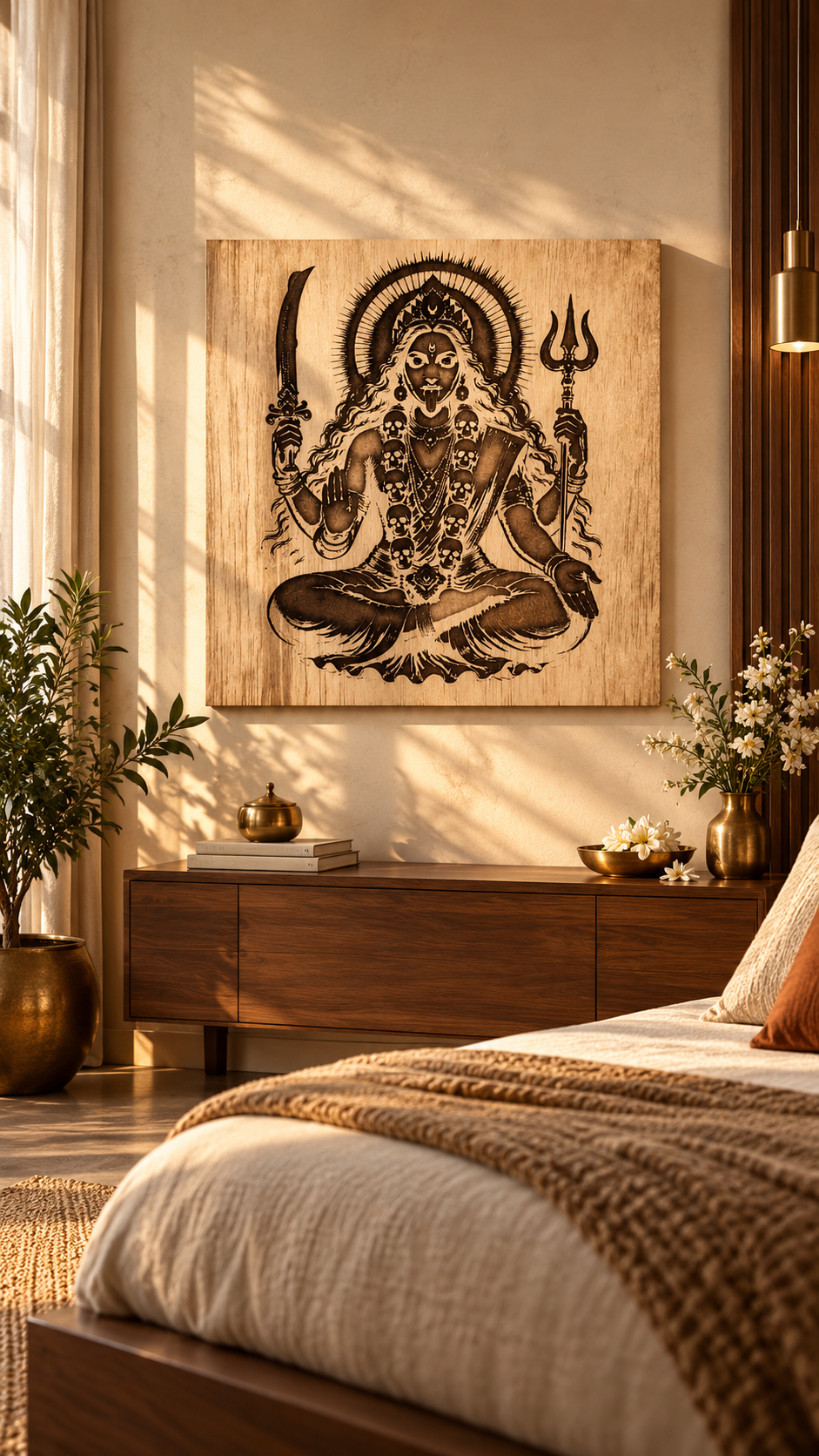 Maa Kali Wooden Wall Art – Premium Laminated MDF Goddess Kali with Sword & Trishul | Hindu Spiritual Wall Décor | 3 mm