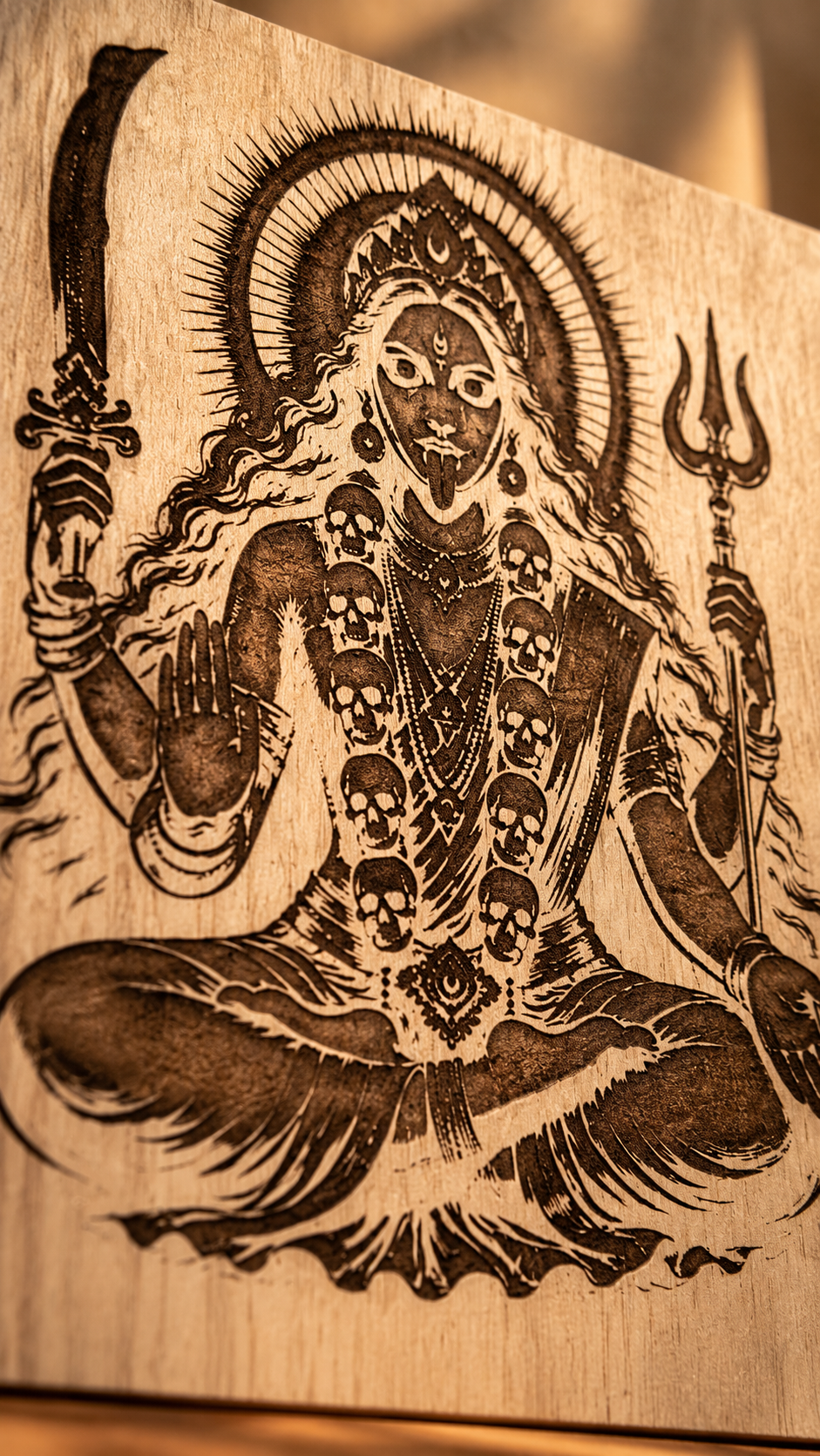 Maa Kali Wooden Wall Art – Premium Laminated MDF Goddess Kali with Sword & Trishul | Hindu Spiritual Wall Décor | 3 mm