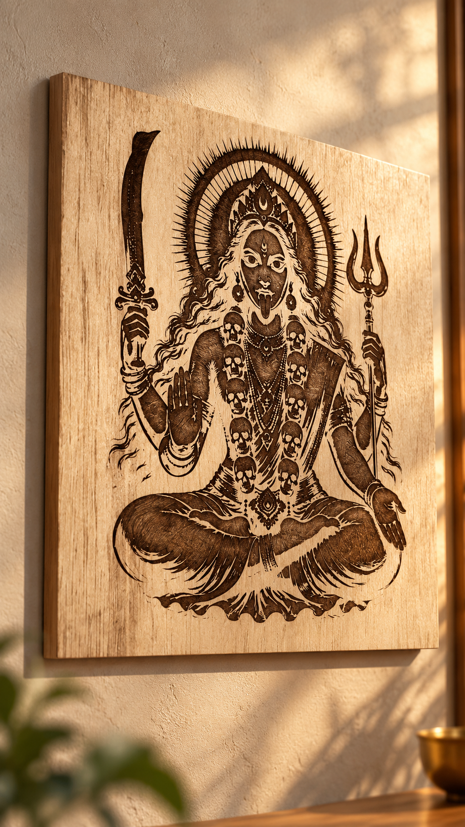 Maa Kali Wooden Wall Art – Premium Laminated MDF Goddess Kali with Sword & Trishul | Hindu Spiritual Wall Décor | 3 mm