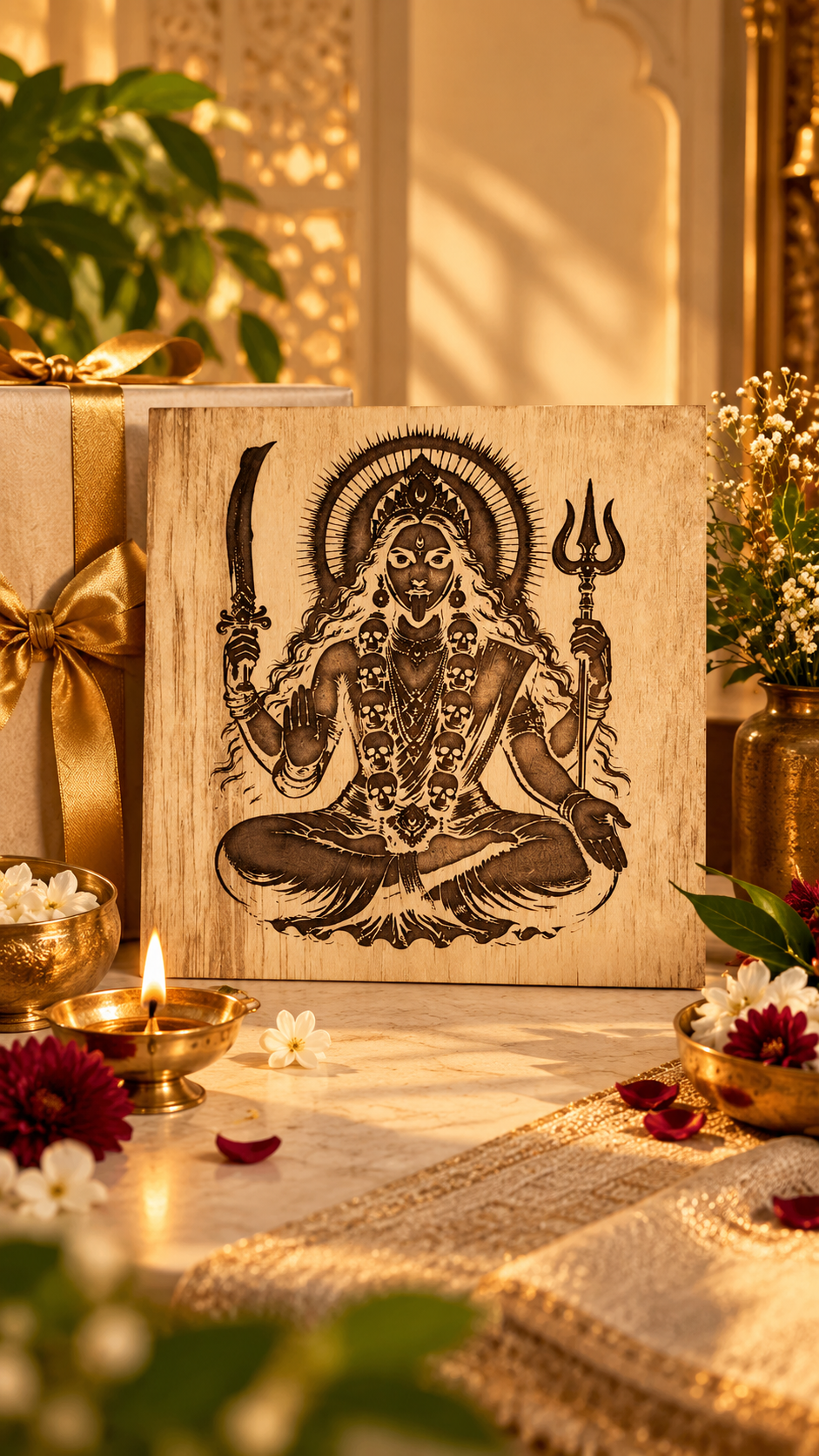 Maa Kali Wooden Wall Art – Premium Laminated MDF Goddess Kali with Sword & Trishul | Hindu Spiritual Wall Décor | 3 mm