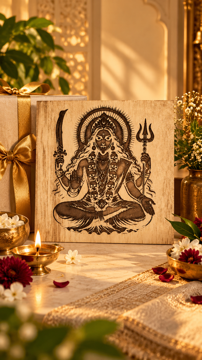 Maa Kali Wooden Wall Art – Premium Laminated MDF Goddess Kali with Sword & Trishul | Hindu Spiritual Wall Décor | 3 mm