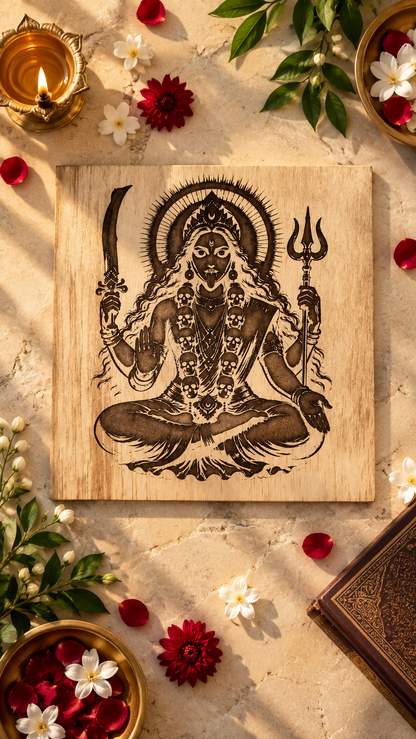 Maa Kali Wooden Wall Art – Premium Laminated MDF Goddess Kali with Sword & Trishul | Hindu Spiritual Wall Décor | 3 mm