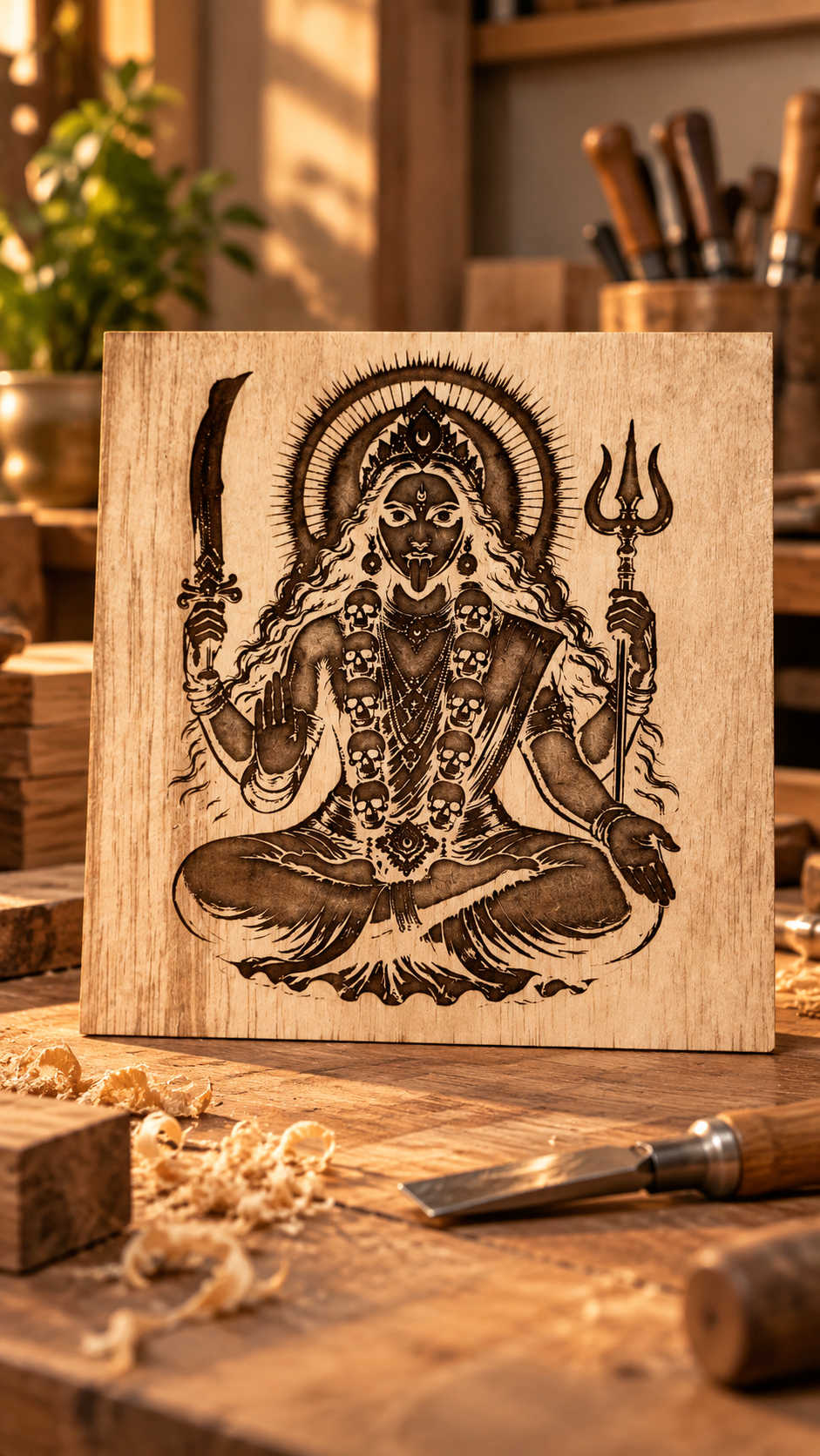 Maa Kali Wooden Wall Art – Premium Laminated MDF Goddess Kali with Sword & Trishul | Hindu Spiritual Wall Décor | 3 mm