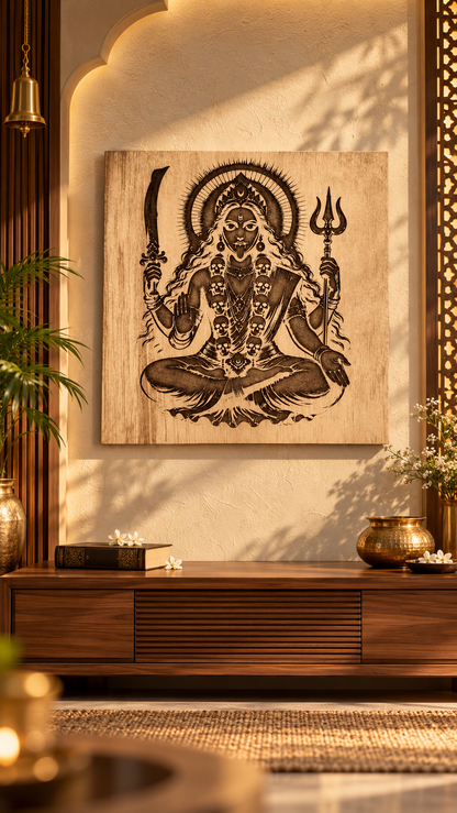 Maa Kali Wooden Wall Art – Premium Laminated MDF Goddess Kali with Sword & Trishul | Hindu Spiritual Wall Décor | 3 mm