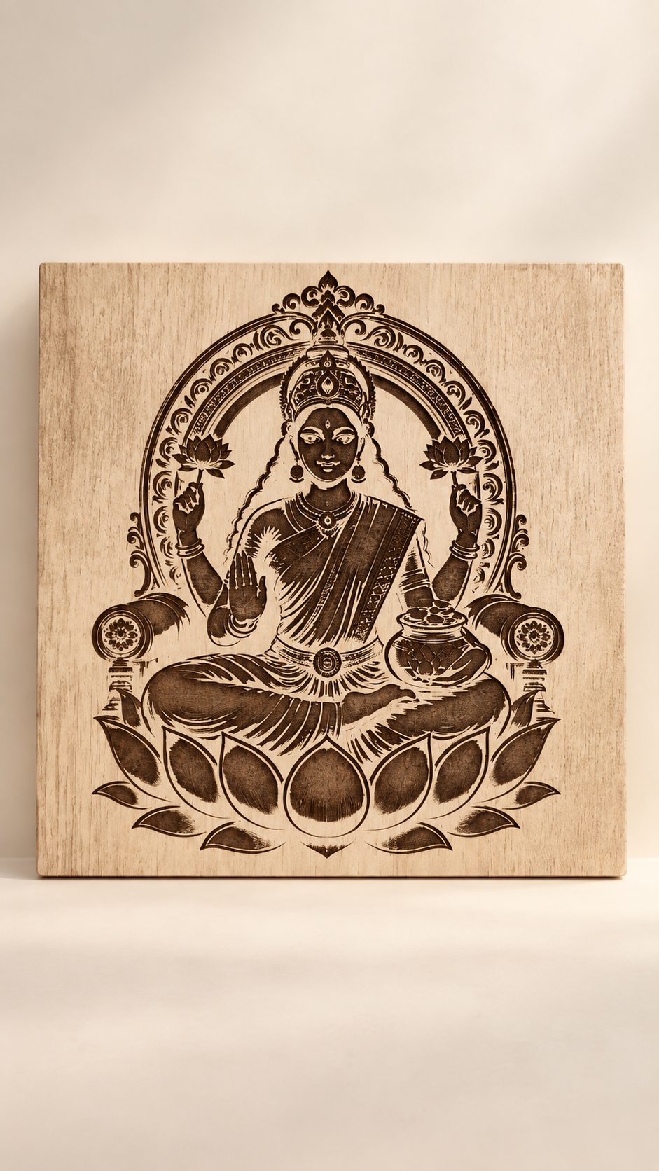 Maa Lakshmi Wooden Wall Art – Premium Laminated MDF Goddess Lakshmi on Lotus | Hindu God Wall Décor | 3 mm