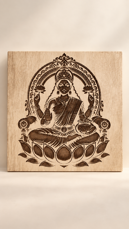 Maa Lakshmi Wooden Wall Art – Premium Laminated MDF Goddess Lakshmi on Lotus | Hindu God Wall Décor | 3 mm