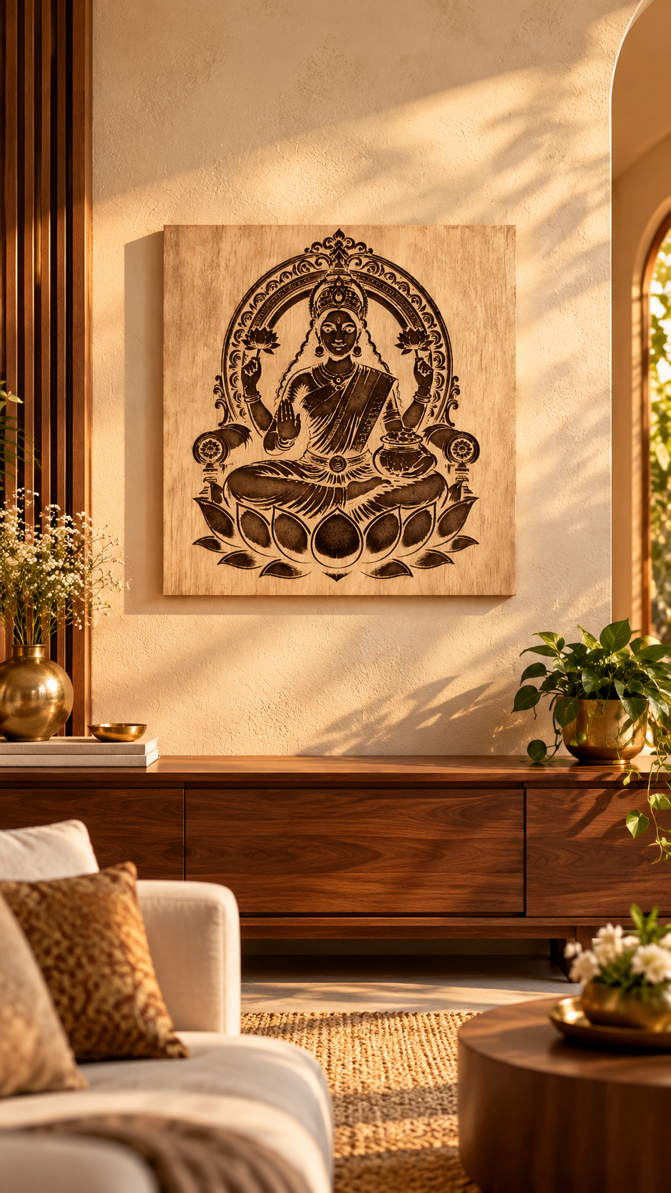 Maa Lakshmi Wooden Wall Art – Premium Laminated MDF Goddess Lakshmi on Lotus | Hindu God Wall Décor | 3 mm