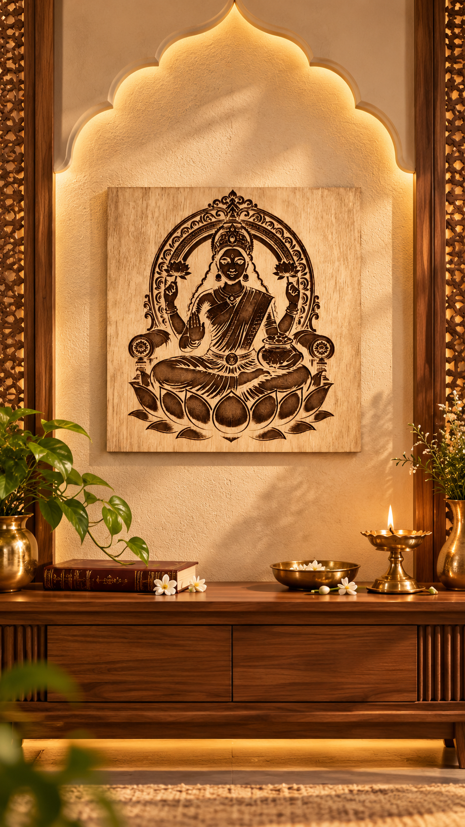 Maa Lakshmi Wooden Wall Art – Premium Laminated MDF Goddess Lakshmi on Lotus | Hindu God Wall Décor | 3 mm