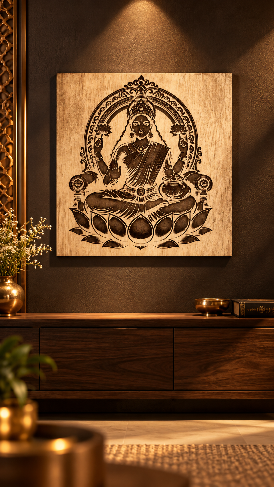 Maa Lakshmi Wooden Wall Art – Premium Laminated MDF Goddess Lakshmi on Lotus | Hindu God Wall Décor | 3 mm