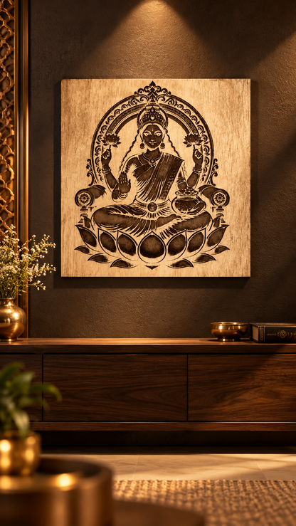 Maa Lakshmi Wooden Wall Art – Premium Laminated MDF Goddess Lakshmi on Lotus | Hindu God Wall Décor | 3 mm