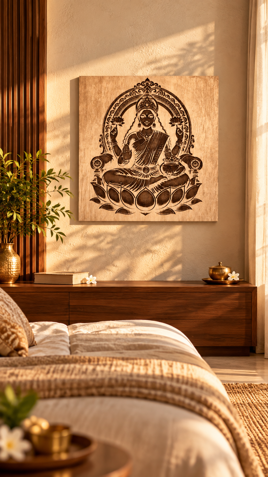 Maa Lakshmi Wooden Wall Art – Premium Laminated MDF Goddess Lakshmi on Lotus | Hindu God Wall Décor | 3 mm
