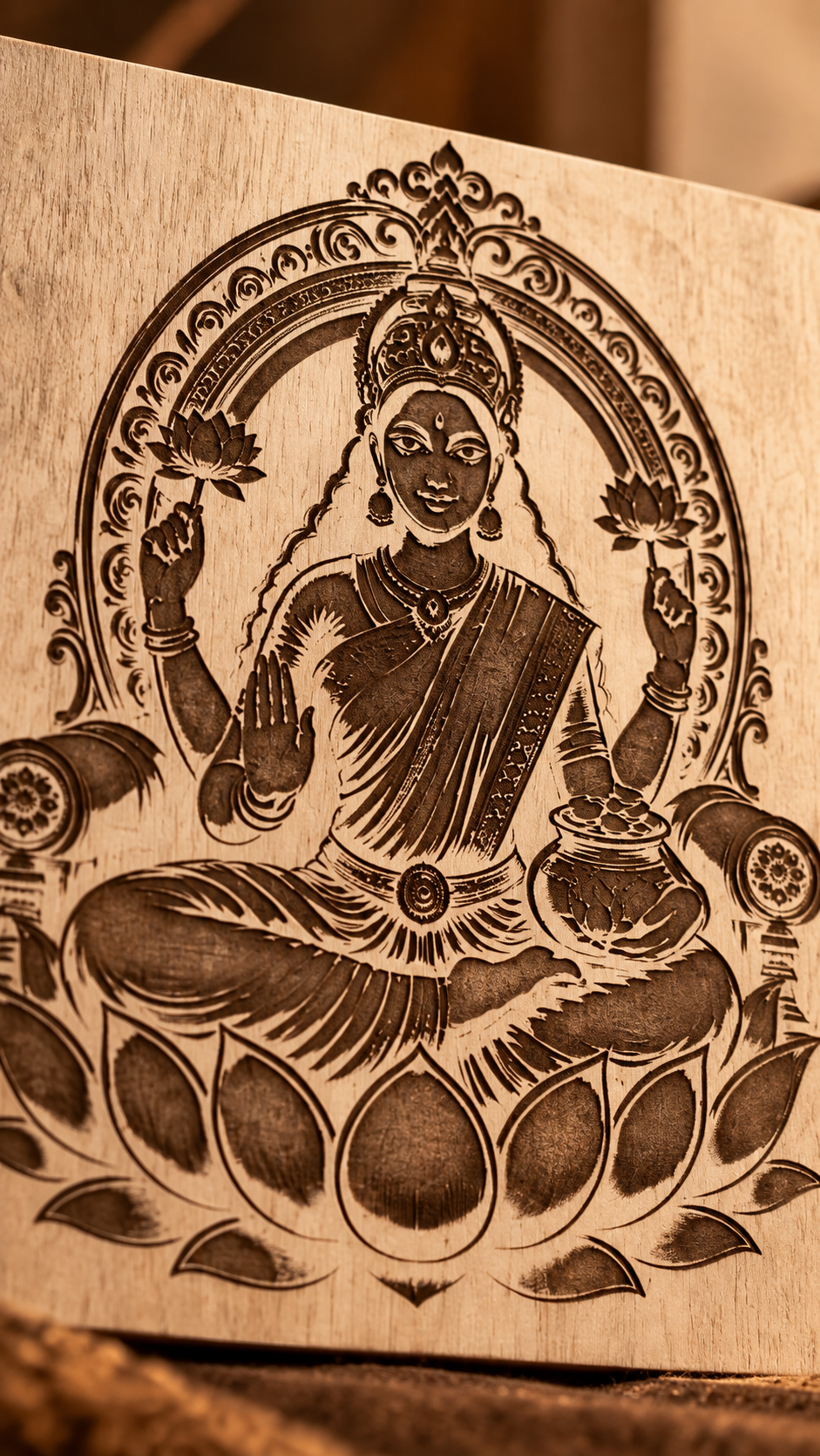 Maa Lakshmi Wooden Wall Art – Premium Laminated MDF Goddess Lakshmi on Lotus | Hindu God Wall Décor | 3 mm