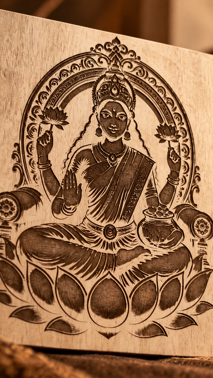 Maa Lakshmi Wooden Wall Art – Premium Laminated MDF Goddess Lakshmi on Lotus | Hindu God Wall Décor | 3 mm