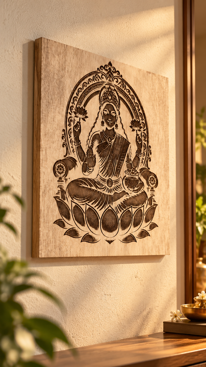 Maa Lakshmi Wooden Wall Art – Premium Laminated MDF Goddess Lakshmi on Lotus | Hindu God Wall Décor | 3 mm
