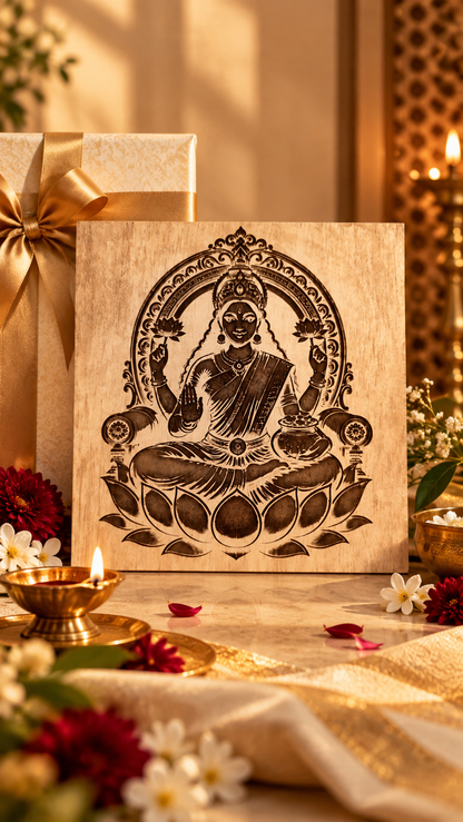 Maa Lakshmi Wooden Wall Art – Premium Laminated MDF Goddess Lakshmi on Lotus | Hindu God Wall Décor | 3 mm