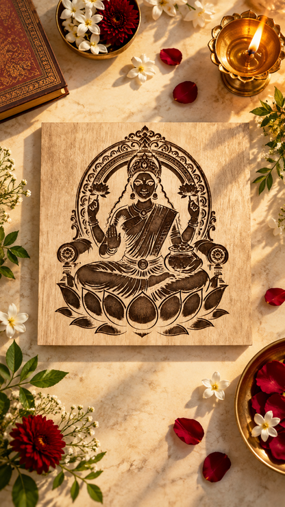 Maa Lakshmi Wooden Wall Art – Premium Laminated MDF Goddess Lakshmi on Lotus | Hindu God Wall Décor | 3 mm