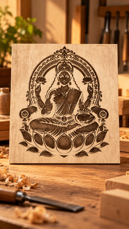 Maa Lakshmi Wooden Wall Art – Premium Laminated MDF Goddess Lakshmi on Lotus | Hindu God Wall Décor | 3 mm