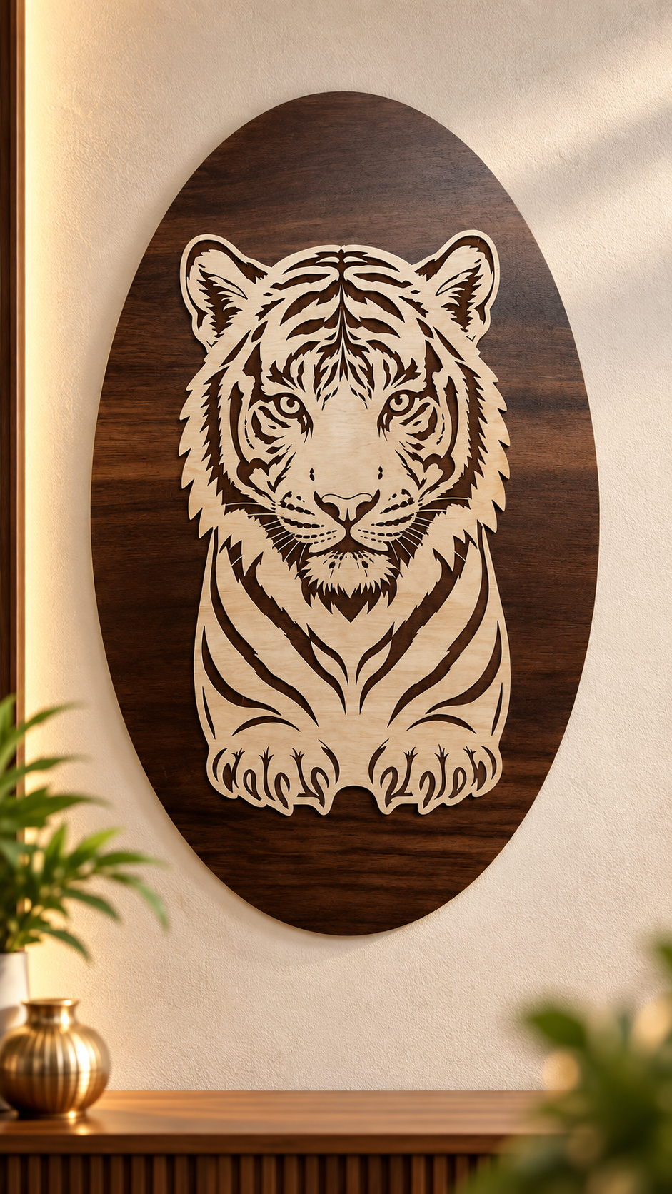 Royal Bengal Tiger Wooden Wall Art – 2 Layered Premium Laminated MDF, Dual-Tone 3D Wildlife Décor | Cozy Carvings