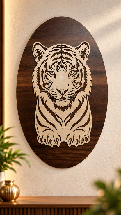 Royal Bengal Tiger Wooden Wall Art – 2 Layered Premium Laminated MDF, Dual-Tone 3D Wildlife Décor | Cozy Carvings