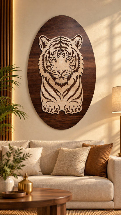 Royal Bengal Tiger Wooden Wall Art – 2 Layered Premium Laminated MDF, Dual-Tone 3D Wildlife Décor | Cozy Carvings