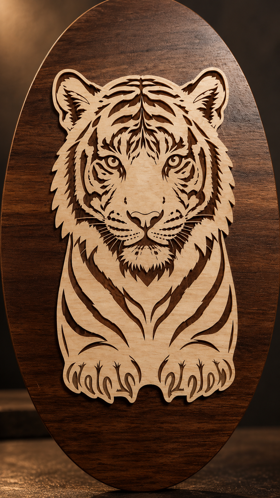 Royal Bengal Tiger Wooden Wall Art – 2 Layered Premium Laminated MDF, Dual-Tone 3D Wildlife Décor | Cozy Carvings