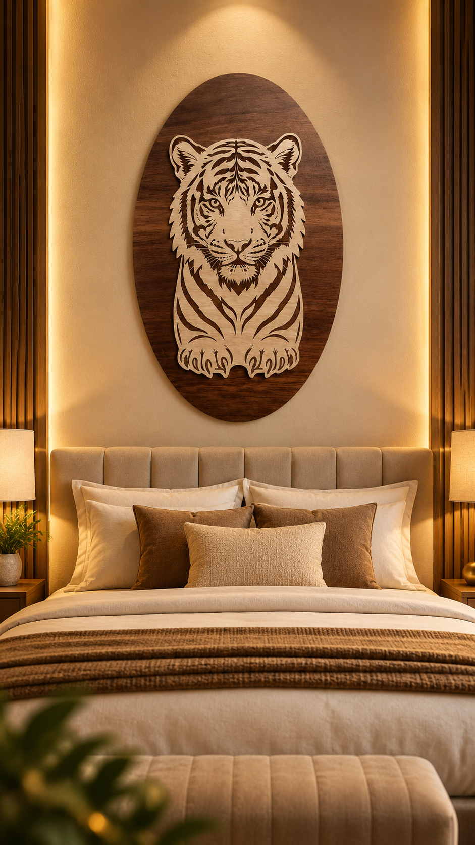 Royal Bengal Tiger Wooden Wall Art – 2 Layered Premium Laminated MDF, Dual-Tone 3D Wildlife Décor | Cozy Carvings