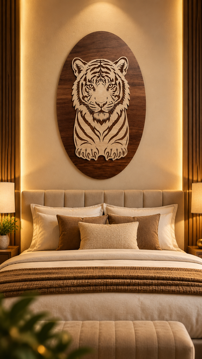 Royal Bengal Tiger Wooden Wall Art – 2 Layered Premium Laminated MDF, Dual-Tone 3D Wildlife Décor | Cozy Carvings