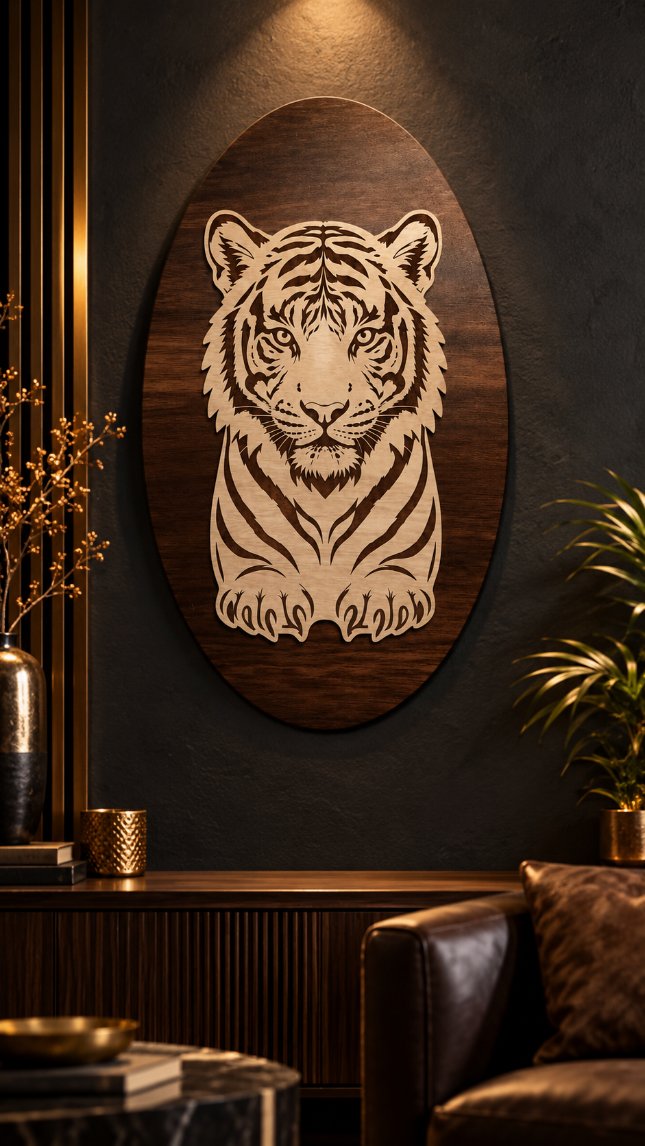 Royal Bengal Tiger Wooden Wall Art – 2 Layered Premium Laminated MDF, Dual-Tone 3D Wildlife Décor | Cozy Carvings