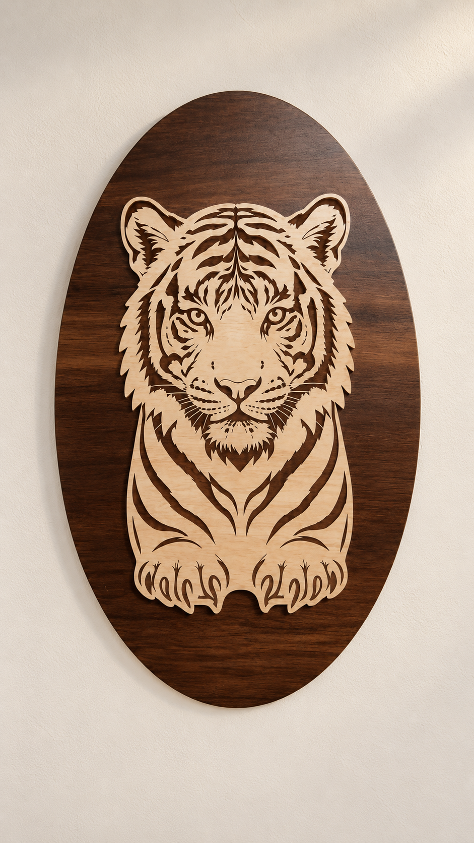Royal Bengal Tiger Wooden Wall Art – 2 Layered Premium Laminated MDF, Dual-Tone 3D Wildlife Décor | Cozy Carvings