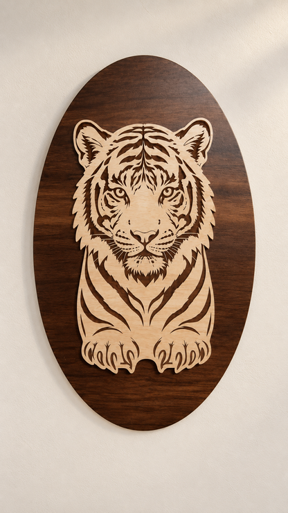 Royal Bengal Tiger Wooden Wall Art – 2 Layered Premium Laminated MDF, Dual-Tone 3D Wildlife Décor | Cozy Carvings
