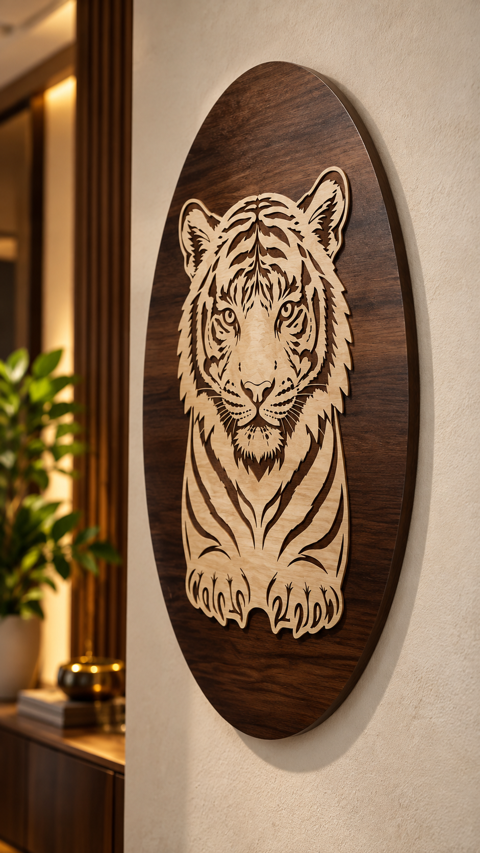Royal Bengal Tiger Wooden Wall Art – 2 Layered Premium Laminated MDF, Dual-Tone 3D Wildlife Décor | Cozy Carvings