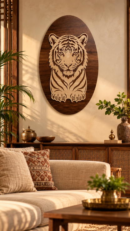 Royal Bengal Tiger Wooden Wall Art – 2 Layered Premium Laminated MDF, Dual-Tone 3D Wildlife Décor | Cozy Carvings