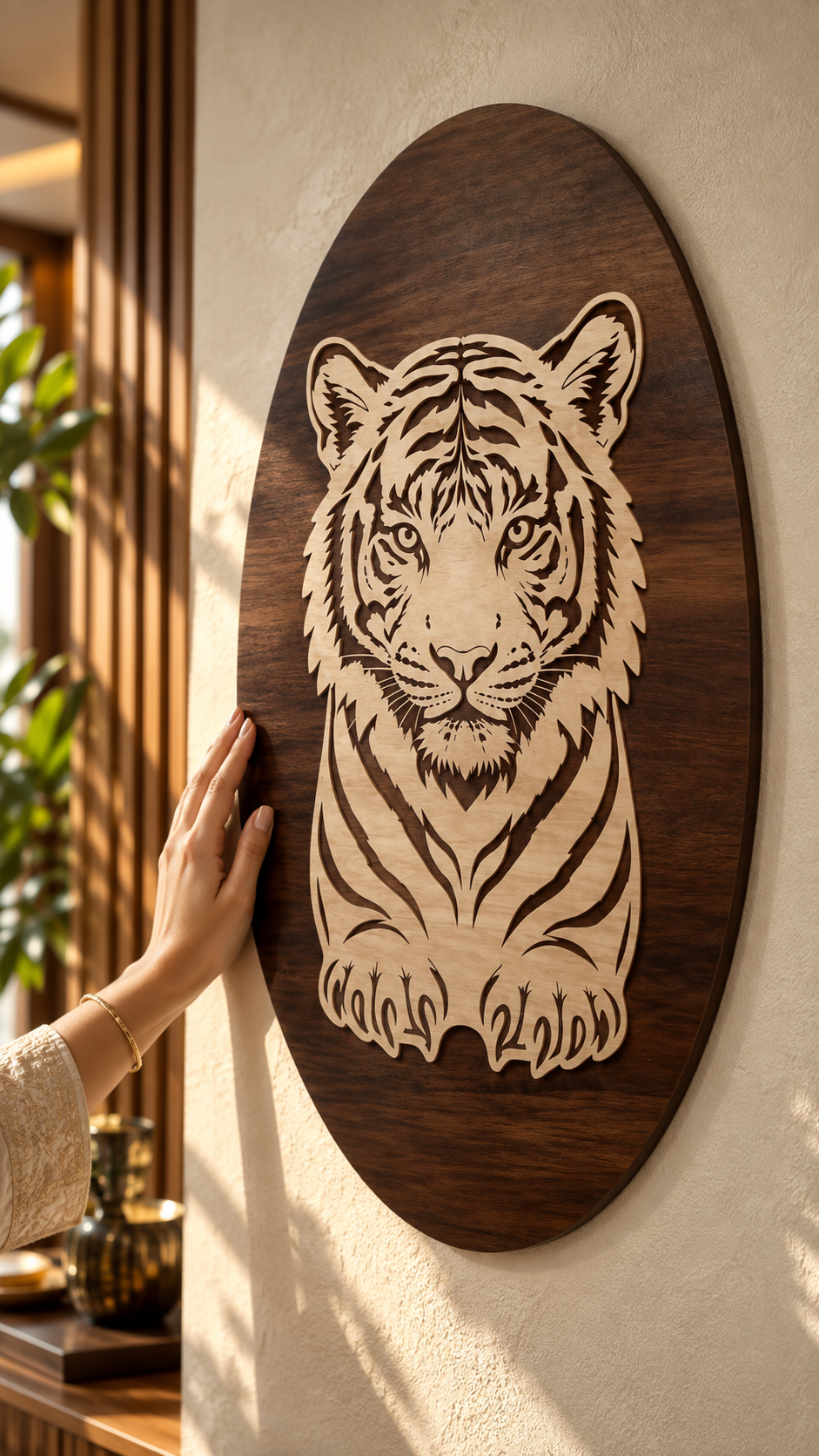 Royal Bengal Tiger Wooden Wall Art – 2 Layered Premium Laminated MDF, Dual-Tone 3D Wildlife Décor | Cozy Carvings