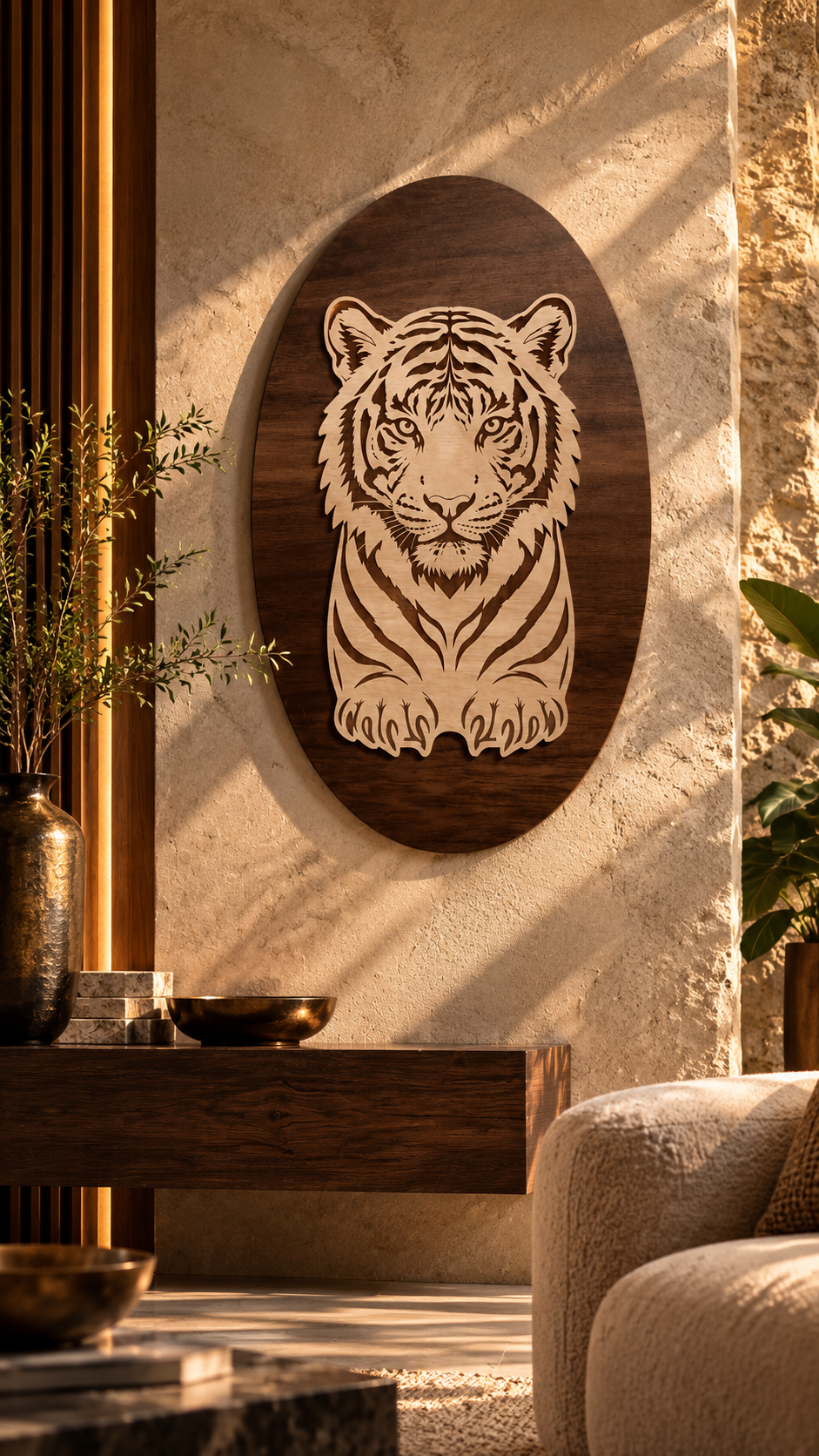 Royal Bengal Tiger Wooden Wall Art – 2 Layered Premium Laminated MDF, Dual-Tone 3D Wildlife Décor | Cozy Carvings