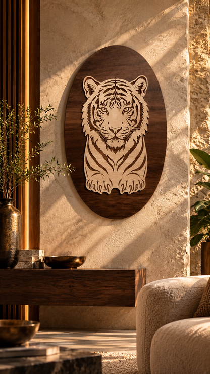 Royal Bengal Tiger Wooden Wall Art – 2 Layered Premium Laminated MDF, Dual-Tone 3D Wildlife Décor | Cozy Carvings