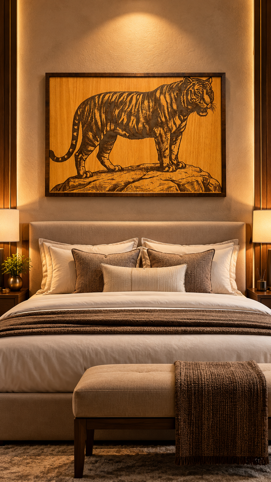 A large framed wall art piece featuring a tiger illustration in dark brown on a warm wood-toned background, displayed above a neatly made bed in a styled bedroom setting with warm lighting.