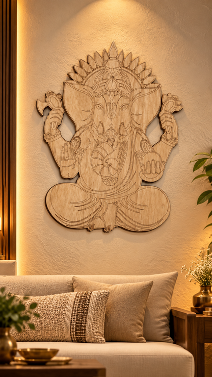 Lord Ganesha Wooden Wall Art – Premium Laminated MDF Ganpati Wall Décor | Intricate Traditional Design | 3 mm | Cozy Carvings