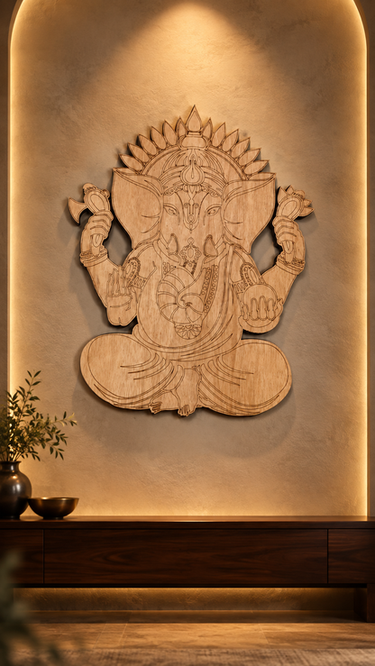 Lord Ganesha Wooden Wall Art – Premium Laminated MDF Ganpati Wall Décor | Intricate Traditional Design | 3 mm | Cozy Carvings