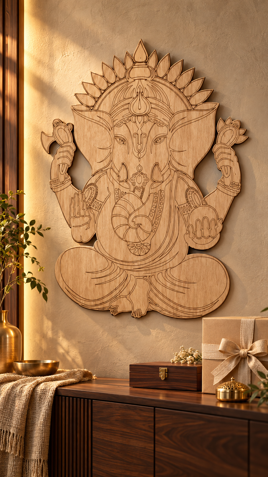Lord Ganesha Wooden Wall Art – Premium Laminated MDF Ganpati Wall Décor | Intricate Traditional Design | 3 mm | Cozy Carvings