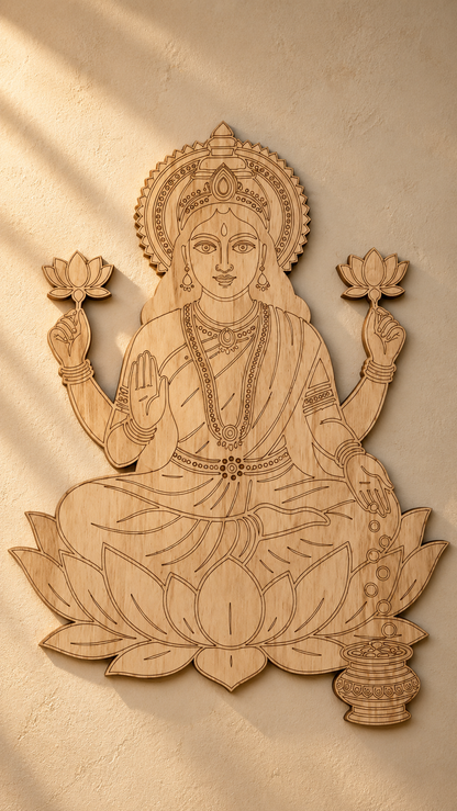 Maa Lakshmi Wooden Wall Art – Premium Laminated MDF Goddess Lakshmi with Lotus, Blessing Hand & Kalash