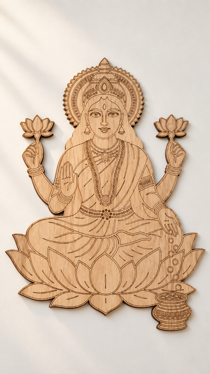 Maa Lakshmi Wooden Wall Art – Premium Laminated MDF Goddess Lakshmi with Lotus, Blessing Hand & Kalash