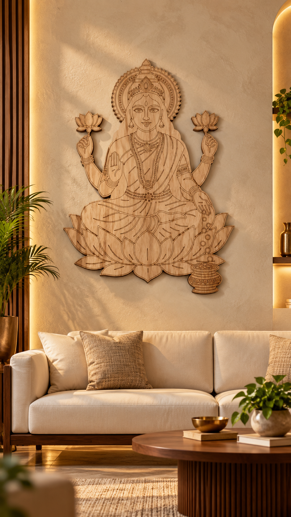 Maa Lakshmi Wooden Wall Art – Premium Laminated MDF Goddess Lakshmi with Lotus, Blessing Hand & Kalash