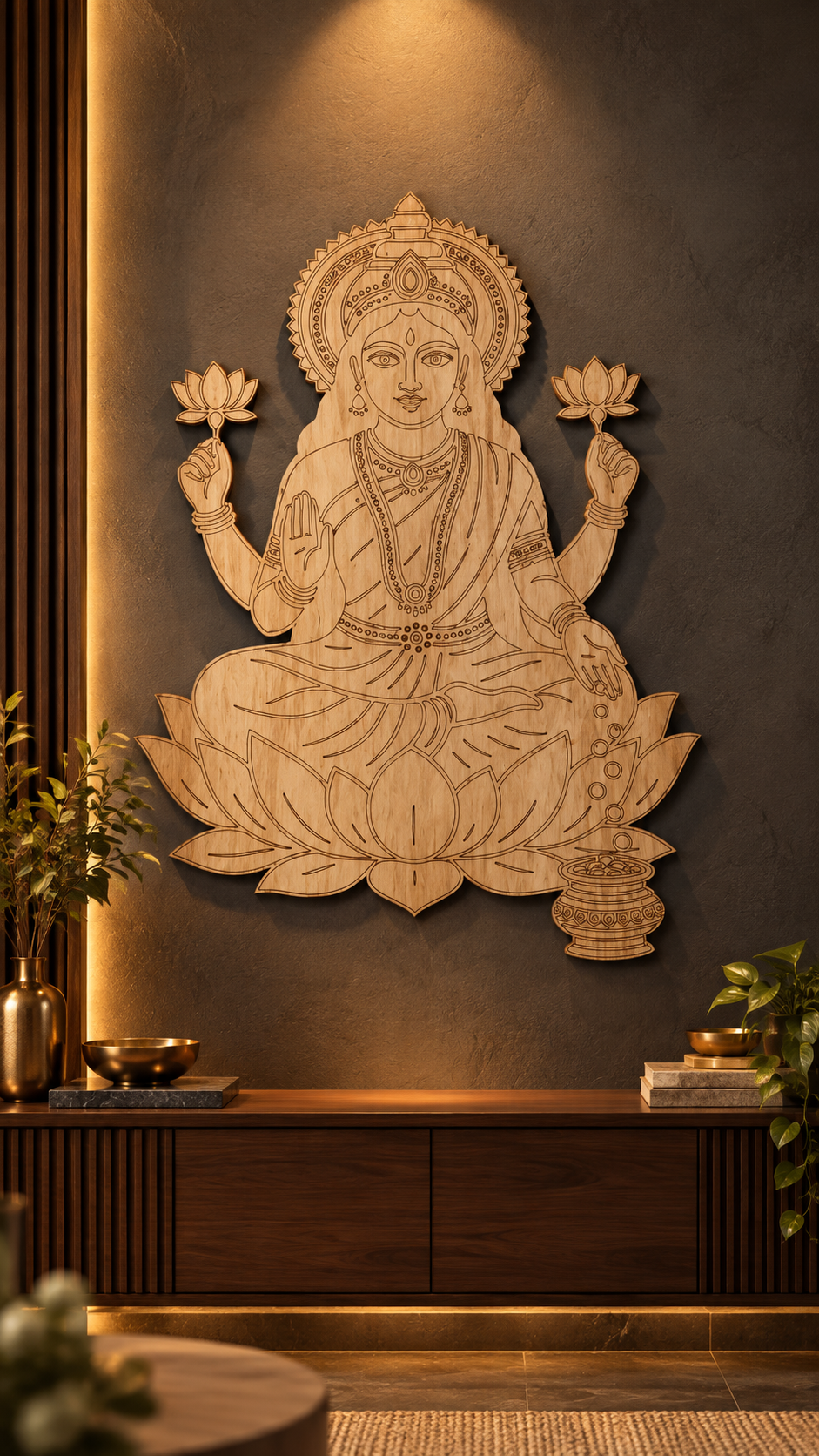Maa Lakshmi Wooden Wall Art – Premium Laminated MDF Goddess Lakshmi with Lotus, Blessing Hand & Kalash