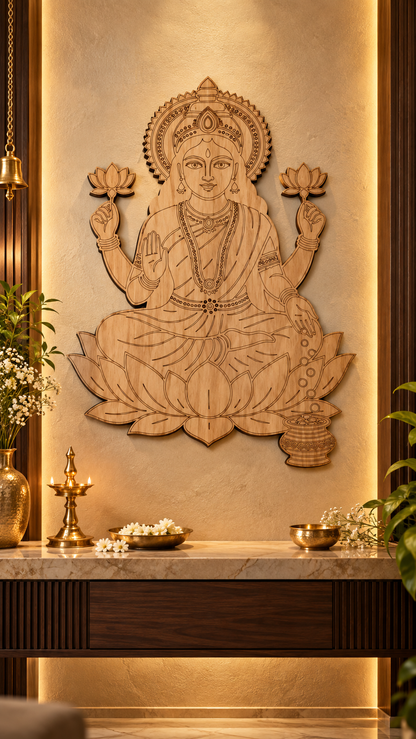 Maa Lakshmi Wooden Wall Art – Premium Laminated MDF Goddess Lakshmi with Lotus, Blessing Hand & Kalash