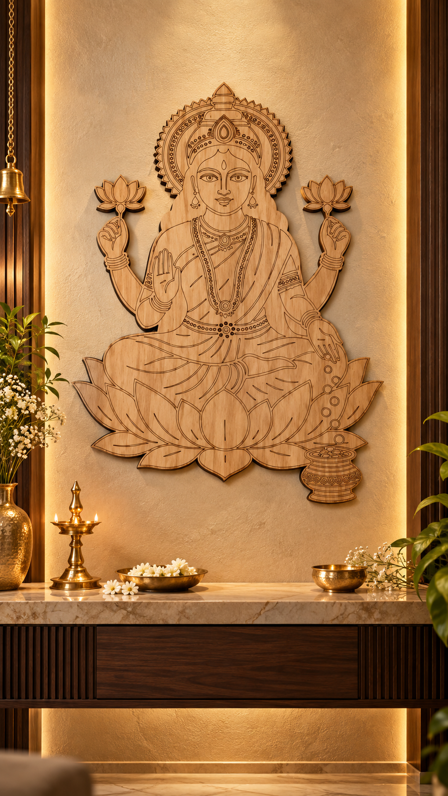 Maa Lakshmi Wooden Wall Art – Premium Laminated MDF Goddess Lakshmi with Lotus, Blessing Hand & Kalash