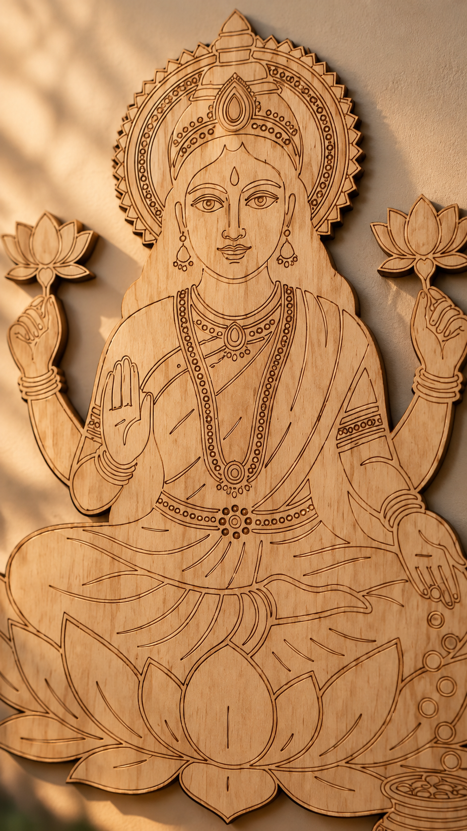 Maa Lakshmi Wooden Wall Art – Premium Laminated MDF Goddess Lakshmi with Lotus, Blessing Hand & Kalash