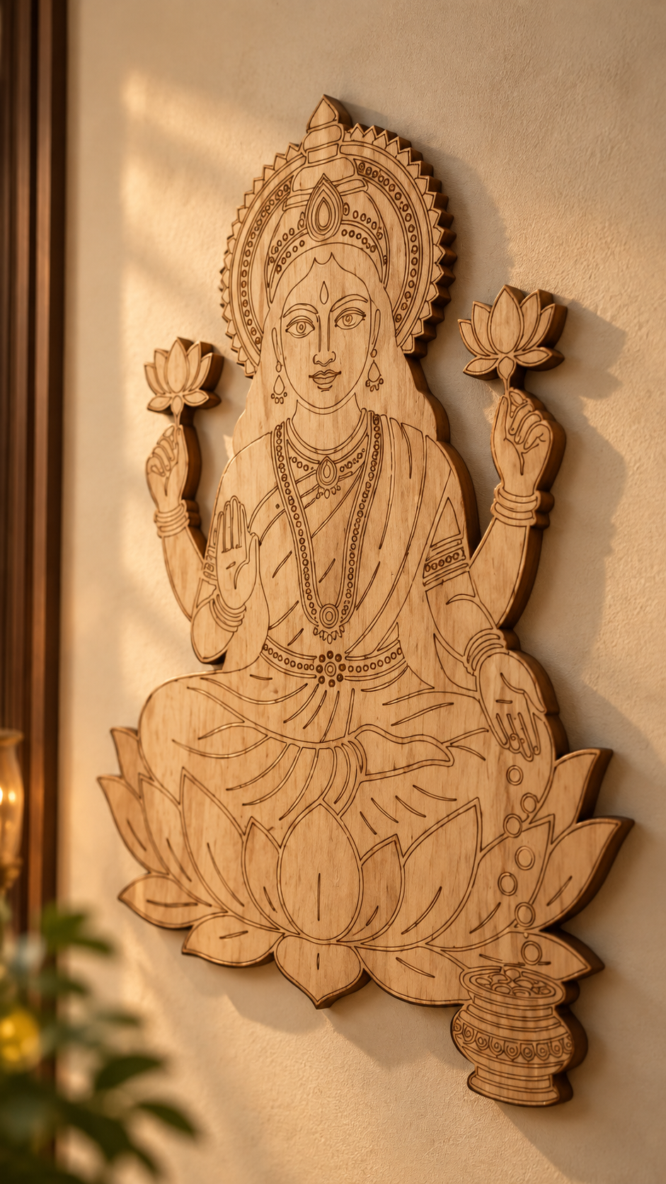 Maa Lakshmi Wooden Wall Art – Premium Laminated MDF Goddess Lakshmi with Lotus, Blessing Hand & Kalash