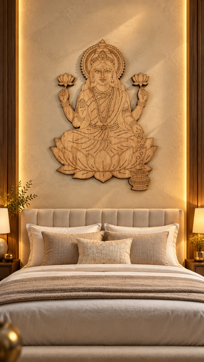 Maa Lakshmi Wooden Wall Art – Premium Laminated MDF Goddess Lakshmi with Lotus, Blessing Hand & Kalash